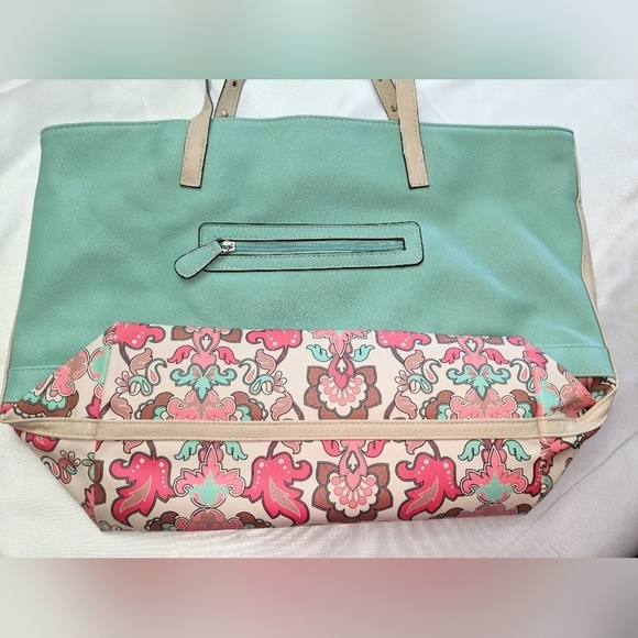 Ellen Tracy Faux Leather Tote Shoulder Bag Purse Turquoise With Floral Trim - Picture 2 of 13